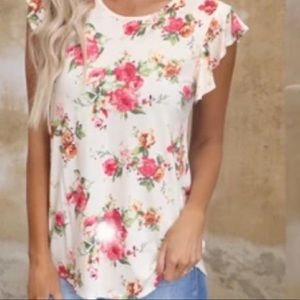 Floral Flutter Sleeve White Top with Pink Roses